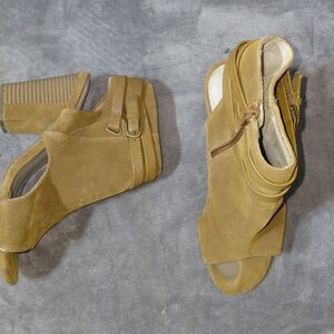 White Mountain Booties Womens 8M Camel Tan Ankle Open Toe Block Heels Leather